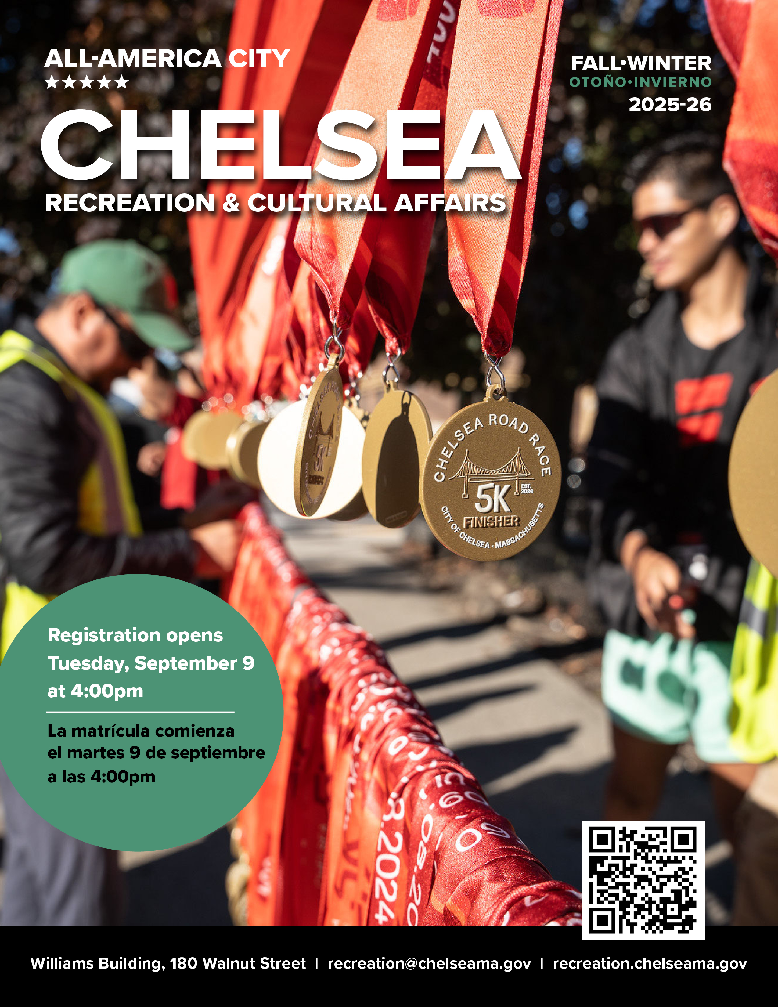 Image of the cover of the Chelsea Recreation & Cultural Affairs Fall Program Guide, which features a gold medal from the Chelsea Road Race on the cover.